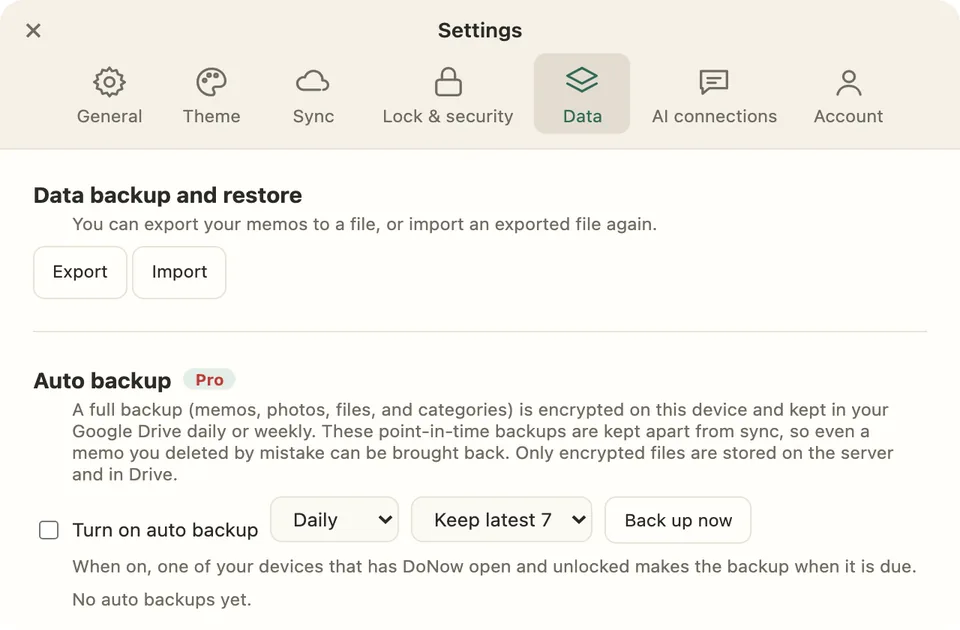 Settings > Data with export, import and automatic backup