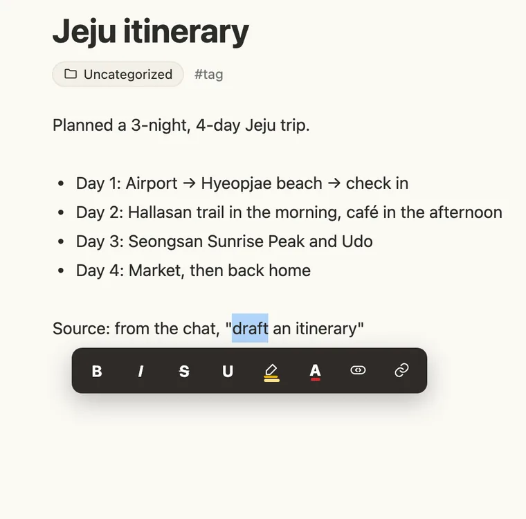 The editor with a bar for bold, italic, underline, highlight and text color that appears when you select text