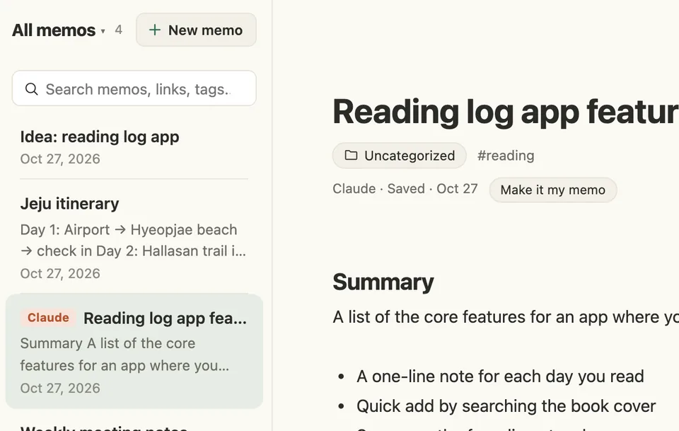 A screen where an AI note with a Claude label has arrived in the AI inbox