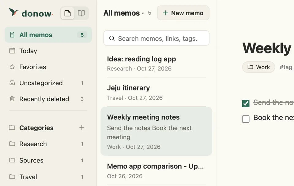 The DoNow screen showing categories in the sidebar and the note list