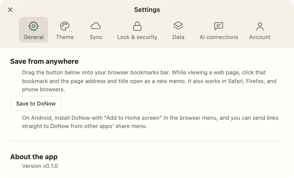 The bookmarklet button in Settings > General, and the guide for adding to the home screen on Android and sharing into DoNow