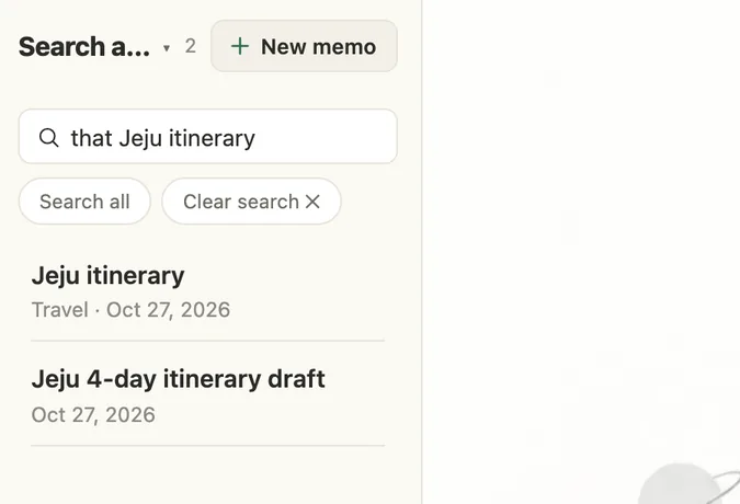 A search for "where was that Jeju trip plan" showing the related notes