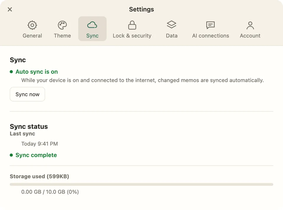 Settings > Sync with automatic sync turned on and the last sync complete